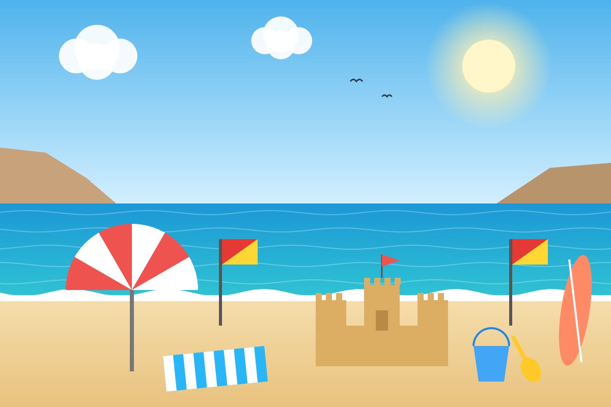 Family day at Bondi Beach with sandcastle, umbrella and lifeguard flags