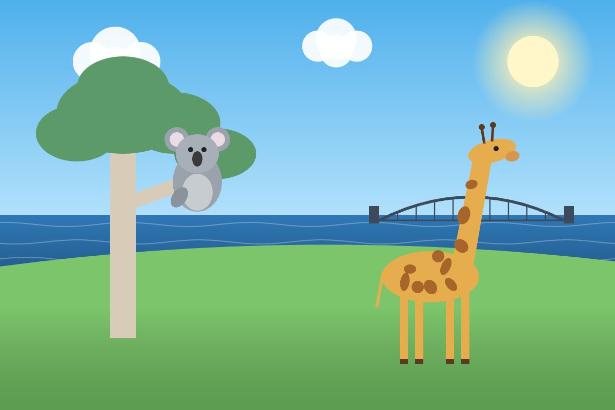 Koala and giraffe at Taronga Zoo with Sydney Harbour Bridge in the background